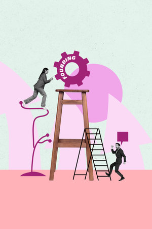 Art image vertical photo collage of two happy girl guy business colleagues run stool gearwheel optimization founding startup projectの写真素材