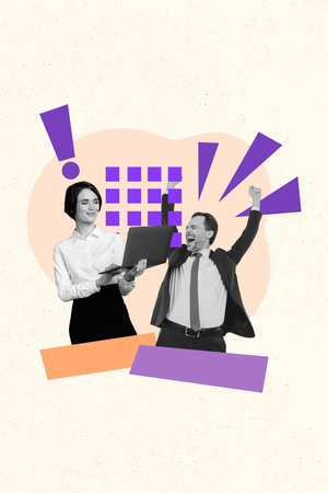 Exclusive image vertical photo collage of two happy business partners girl guy hold laptop vacancy hiring exclamation markの写真素材
