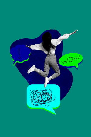 Art image vertical photo collage of anonym girl jump textbox notification icon communication speech...