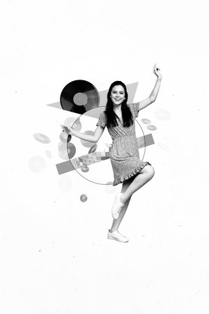 Vertical collage picture of cheerful excited black white gamma girl dancing painted vinyl records...