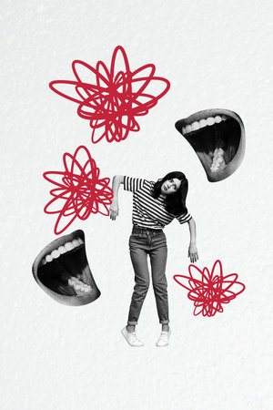 Creative design composite trend artwork collage of young lady doll pose mouth laugh violence harassment pressure victim bully domesticの写真素材