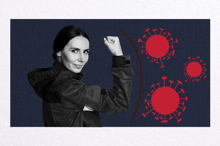 Sketch composite 3D photo collage trend artwork of young lady power hand gesture consultation virus healthcare hospital nurse treatmentの写真素材