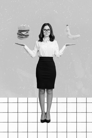 Creative banner poster health care magazine collage of lady nutrition specialist compare greasy burger juicy bananaの写真素材