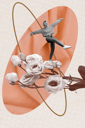 Template sketch trend artwork 3D photo collage of rose flower young lady walk smile springtime plant international woman day holidayの写真素材