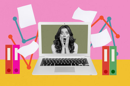 Trend artwork template design 3D collage sketch of young lady shocked face laptop display office job...