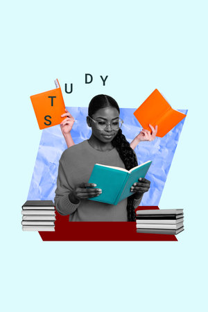 Art image vertical photo collage of happy american girl hold book planner read workload student...