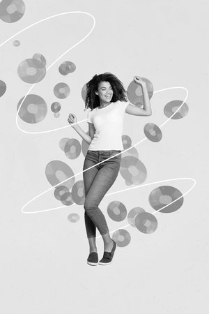 Vertical creative collage photo illustration of charming positive funny girl dancing enjoy music...
