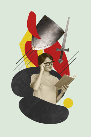 Composite artwork 3D photo collage trend template of knight armor protection shield sword you g lady bookworm read book imaginationの写真素材