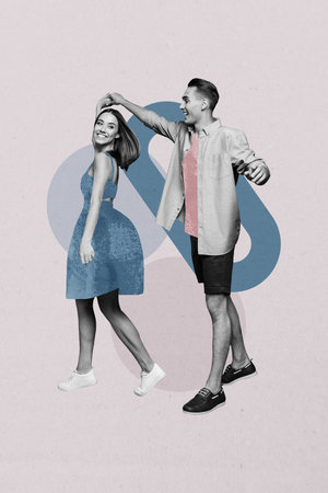 Art image vertical photo collage of two happy girl guy dance together valentine day occasion celebration feelings disco partyの写真素材