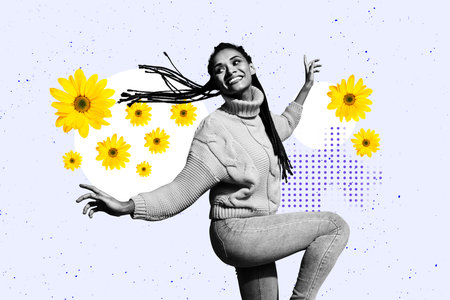 Composite art 3d creative image collage of happy girl dance event chrysanthemum bud flowers bloom atmosphereの写真素材