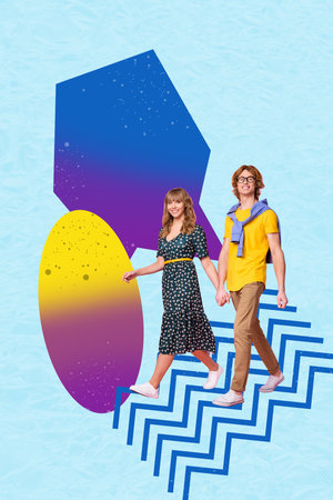 Vertical art trend collage of two happy redhead girl guy walk together colorful path date relationship feelings on drawing backgroundの写真素材