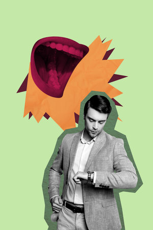 Poster sketch image artwork 3D photo collage of worker hr profession business mouth loud voice man stand watch clock time lateの写真素材