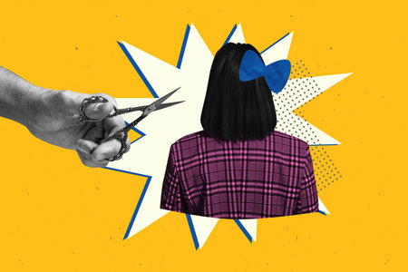 Creative art 3d image collage of anonym girl stand back brunette haircare treatment salon beauty procedure bow hand hold scissorsの写真素材