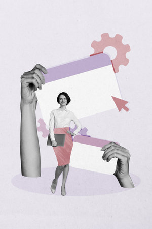 Composite sketch image design artwork collage of hand hold window website pointer gear young lady stand hold laptop vacancy office managerの写真素材