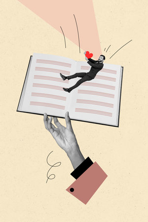 Art image vertical photo collage of happy man hold valentine postcard heart icon open notepad planner hand winter holidayの写真素材