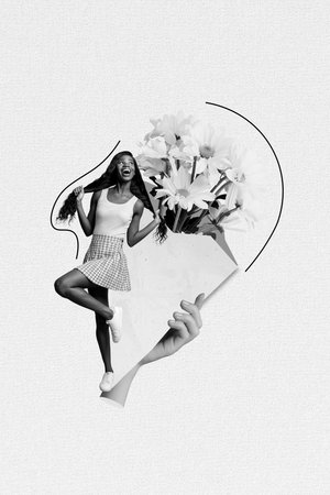 Vertical creative photo artwork minimal collage of young excited girl enjoy yellow bouquet fresh flowers gift isolated on grey backgroundの写真素材