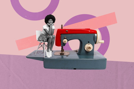 Art 3d sketch photo image collage of happy american girl sit stool retro sewing machine profession dressmaker textile needleworkの写真素材