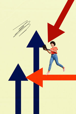 Artwork photo collage sketch of goal challenge up strategy purpose success manager human resources job young woman walk hand hold laptopの写真素材