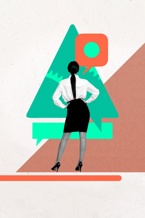 Exclusive image vertical collage of anonym businesswoman stand back communication icon speech gearwheel optimization warningの写真素材