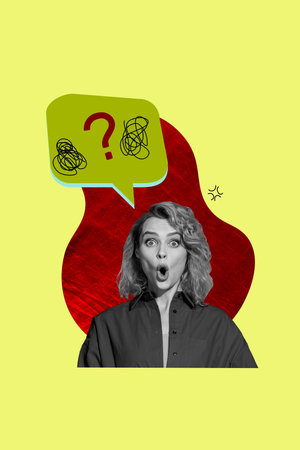 Vertical art trend collage of astonished girl think solution bubble question mark decision idea...