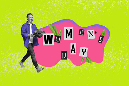 Creative collage photo mature walking man romantic boyfriend carry giftbox womens day celebration surprise boyfriend spring holidayの写真素材
