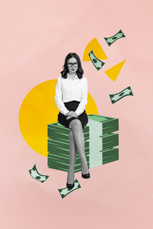 Composite 3D photo collage trend sketch of young businesswoman sit pile money professional vacancy office manager hiring earnings marketの写真素材