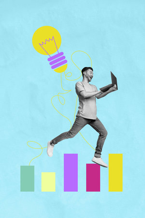 Art image vertical photo collage of happy businessman run chart statistics development light bulb idea finding surf laptopの写真素材