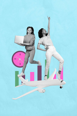 Poster image vertical photo collage of two happy girls stand aircraft startup business project development chart statistics laptopの写真素材