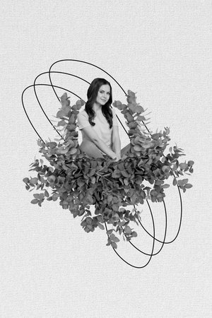 Photo cartoon comics sketch collage picture of charming lady sitting inside green bush isolated drawing backgroundの写真素材