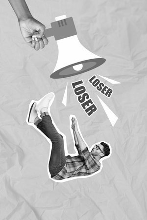 Creative template collage of guy worker have dictator bossy boss scream microphone company conceptの写真素材