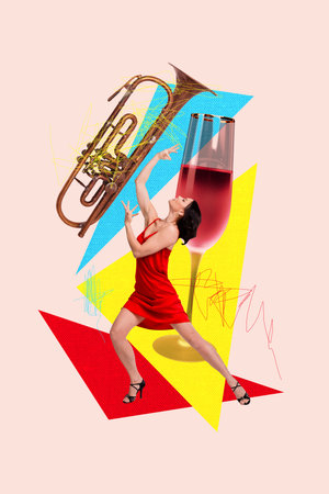 Poster trend sketch template 3D photo collage of young lady dance celebrate chill friday glass musician instrument partyの写真素材