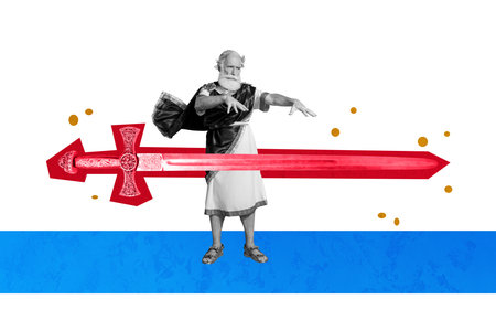 Creative composite sketch design artwork collage of ancient armor warrior character vintage style sword aged man greek ancient god standの写真素材