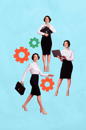 Trend image vertical photo collage of happy businesswoman hold laptop briefcase success development settings progress chanceの写真素材