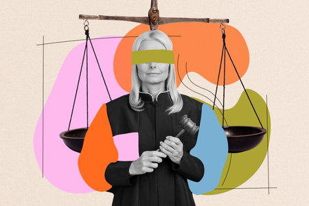 Composite art 3d creative image collage of anonym old woman justice court hold hammer verdict decision jurisprudence wear blindfoldの写真素材