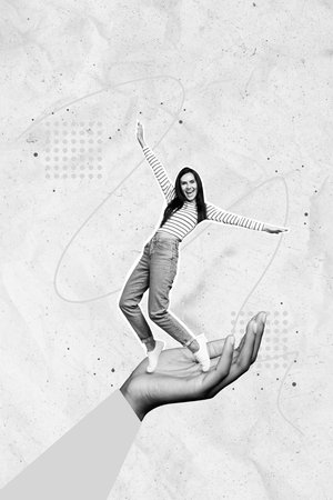 Vertical collage portrait of black white effect arm palm hold mini excited person isolated on drawing backgroundの写真素材