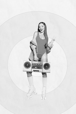 Creative 3d photo artwork graphics collage painting of carefree lady enjoying boom box music...