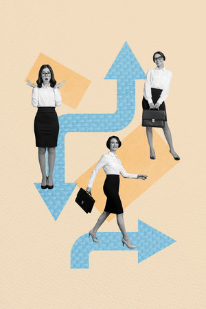 Vertical photo collage of astonished happy girls office manager carry briefcase arrow development concept successの写真素材