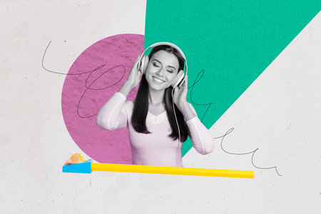 Exclusive sketch collage of happy girl listen music headphones meloman playlist rock melody chill...