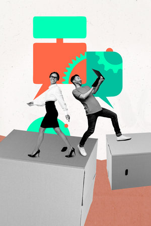 Vertical art creative collage of two happy girl guy business partners stand carton box hold laptop chat icon gears development smsの写真素材