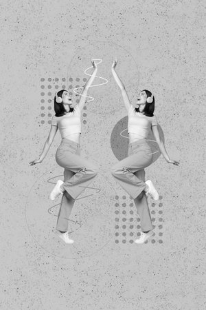3d retro abstract creative artwork template collage of excited young lady mirror reflection two dancing headphones music lover party discoの写真素材