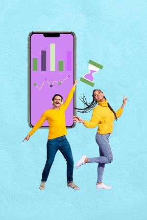 Vertical sketch 3d collage poster of two happy business partners woman man stand phone screen chart development hourglass deadlineの写真素材