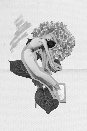 Photo collage artwork minimal picture of excited sporty lady jumping high enjoying flowers isolated drawing backgroundの写真素材