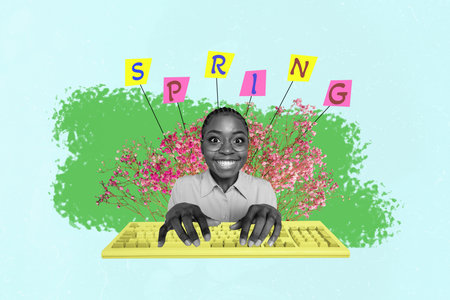 Exclusive sketch collage of happy american girl type message keypad electronic tool wildflower bloom...