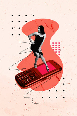 Exclusive image vertical photo collage of serious girl stand retro telephone device telemarketing call center operator wear sexy dressの写真素材