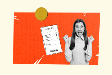 Exclusive sketch collage of excited businesswoman receive dollar coin cafe recipe payment currency earnings progress jackpotの写真素材