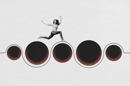 Contemporary art banner collage of happy businesswoman run ball development path statistics career promotion chance achievementの写真素材