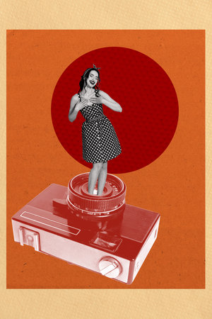 Creative artwork template sketch image 3D collage of young lady stand camera lens focus smile dress paparazzi shot moment cam captureの写真素材