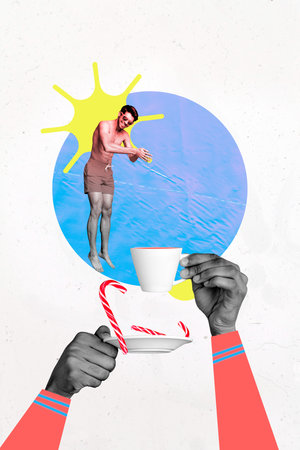 Vertical sketch 3d artwork collage poster of happy man shirtless jump bomb coffee cup tea beverage striped candy dessertの写真素材