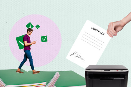 3D collage poster template trend artwork sketch of human resources employment recruitment manager young man walk document contract printerの写真素材