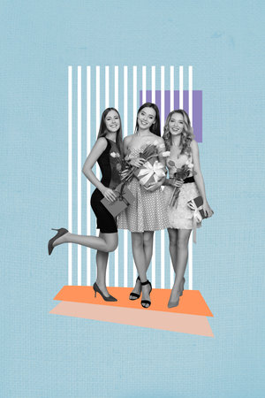 Collage 3d image of pinup pop retro sketch of three lovely lady friends international woman day postcard bizarre unusual fantasy billboardの写真素材